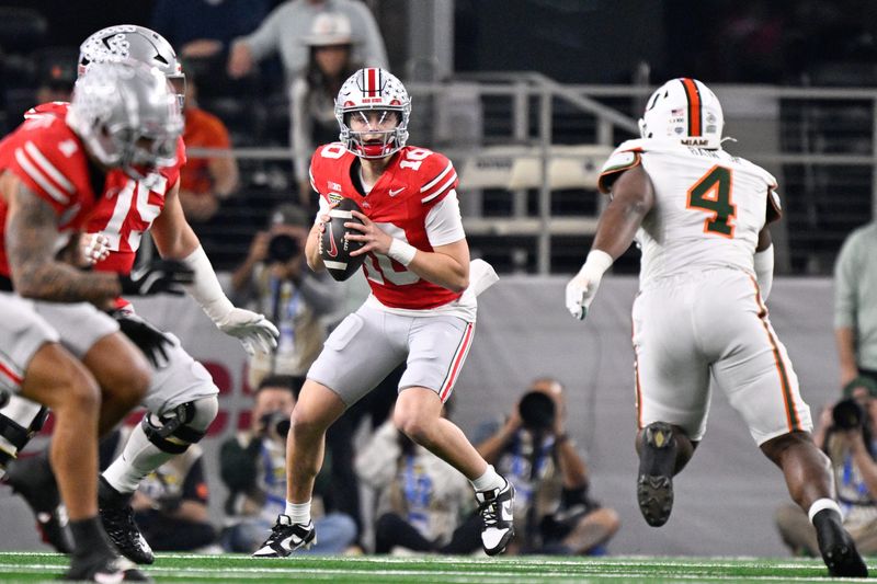 Dec 31, 2025; Arlington, TX, USA; Ohio State Buckeyes quarterback Julian Sayin (10) looks to throw in the first quarter against the Miami Hurricanes during the 2025 Cotton Bowl and quarterfinal game of the College Football Playoff at AT&T Stadium. Mandatory Credit: Jerome Miron-Imagn Images