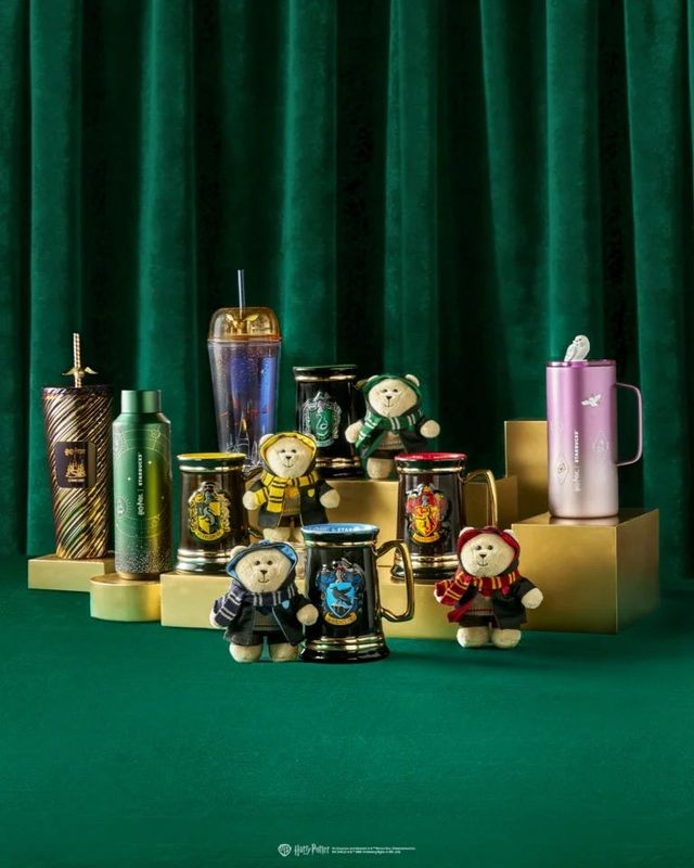 Tumblers and Bearista keychains in Harry Potter robes and scarves join mugs and other merchandise in Starbucks collection.