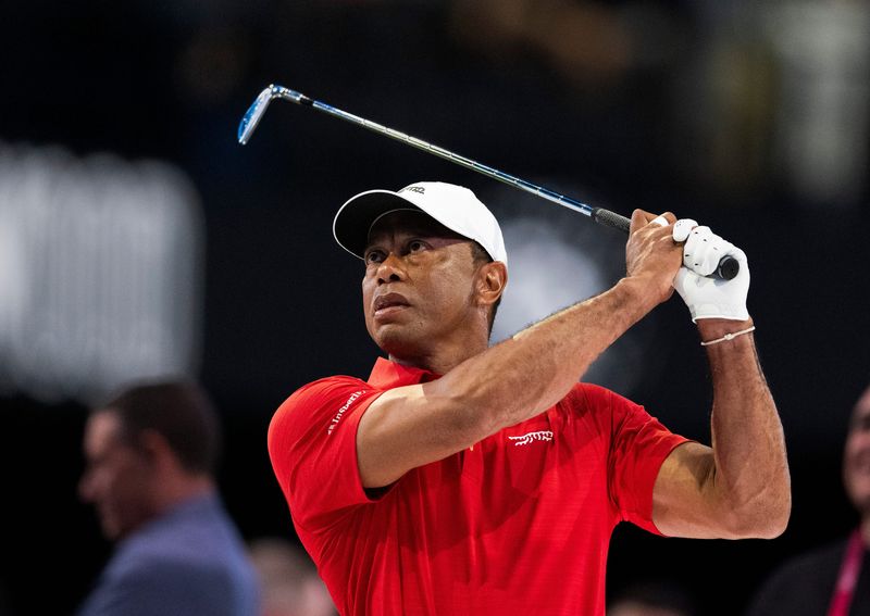 Tiger Woods of Jupiter Links GC warms up during match against Los Angeles Golf Club during the TGL finals at SoFi Center on March 24, 2026, in Palm Beach Gardens, Florida