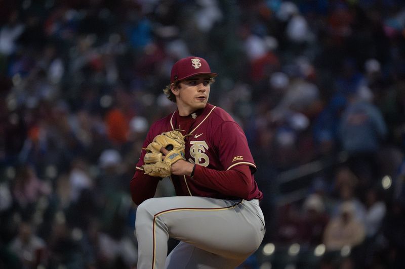 FSU baseball's Cole Stokes throws a pitch against Florida on Tuesday, March 24, 2026 at VyStar Ballpark in Jacksonville, Florida
