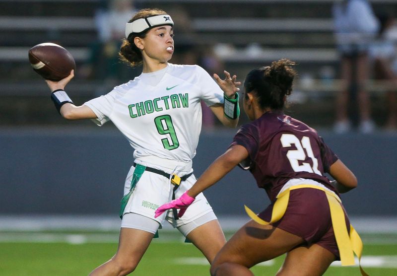 Choctaw QB Diaris Morales passes during the Niceville Choctaw flag football game at Niceville.