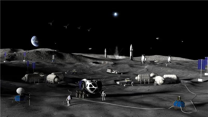 This artistic rendering shows what NASA's moon base may look like near the lunar south pole.