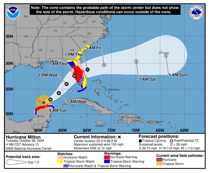 An examples of the 2026 version of the NHC's cone graphic for Hurricane Milton in 2024 showing inland watches and warnings.