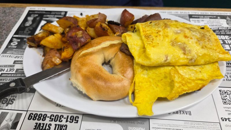Bagels & has two locations: Boynton Beach and Lake Worth, where this breakfast sandwich with Swiss and bacon was devoured.