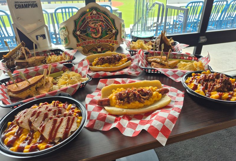 The Jacksonville Jumbo Shrimp's Reuben, tuna melt, loaded mac bowls and Daddy Mac Dog are among the new food options pictured on March 25, 2026. [Clayton Freeman/Florida Times-Union]