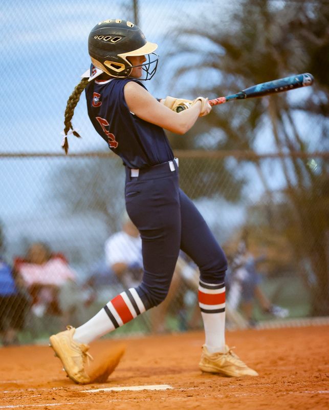St. Lucie West Centennial's Emma Hazelton in a high school softball game against Martin County on March 25, 2026, in Stuart. Centennial won 3-2.
