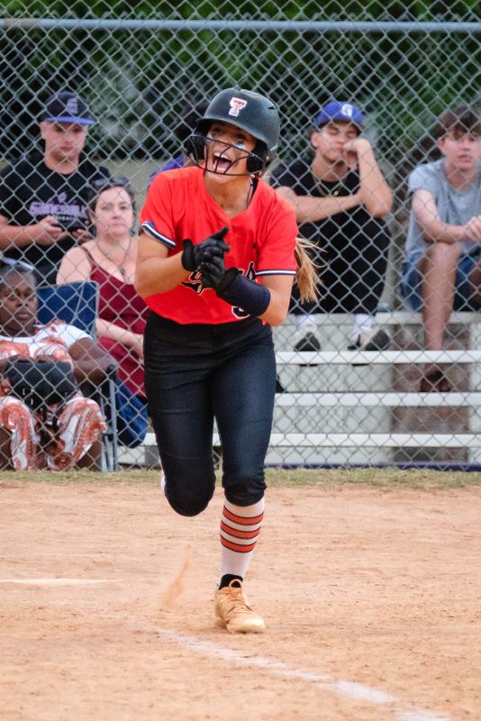 Trenton player Addilynn Welbers (33) runs to first base during a softball game against Gainesville High School at Gainesville High School in Gainesville, FL on Thursday, October 5, 2023. [Chris Watkins/Gainesville Sun]