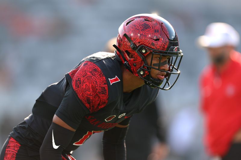 Oct 5, 2024; San Diego, California, USA; San Diego State Aztecs cornerback Chris Johnson (1) warms up against the Hawaii Rainbow Warriors before the game at Snapdragon Stadium. Mandatory Credit: Abe Arredondo-Imagn Images