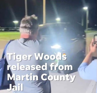 A screenshot of a video recorded March 27, 2026 showing Tiger Woods being released from jail following his arrest on suspicion of DUI after a two-car accident in Jupiter Island earlier in the day.