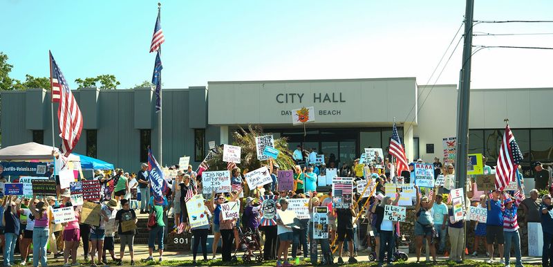 No Kings protesters gather in front of Daytona Beach City Hall, March 28, 2026.