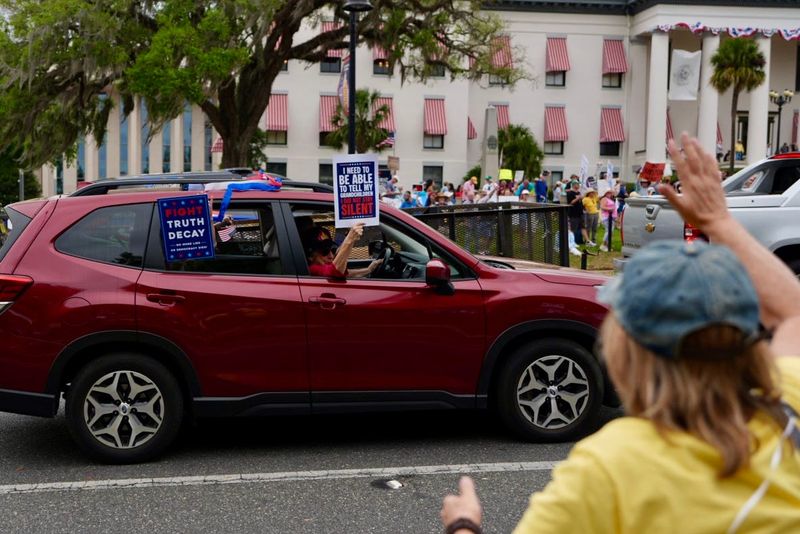 Thousands gather outside the Florida Capitol to take part in a nationwide No Kings protest on Saturday, March 28, 2026.