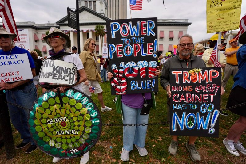 Thousands gather outside the Florida Capitol to take part in a nationwide No Kings protest on Saturday, March 28, 2026.