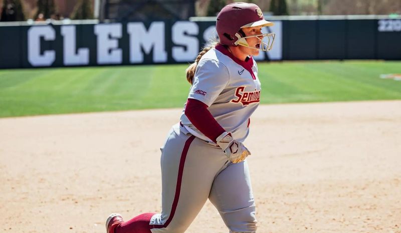 Freshman Anna Hinde walks her way to bases after hitting a two-run home run to lead Florida State softball to a 4-2 victory over Clemson on Saturday, March 28, 2026.
