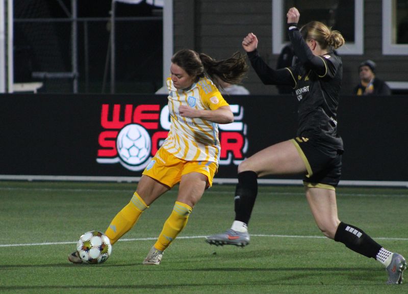 Sporting Jax forward Baylee DeSmit (17) shoots as Spokane Zephyr defender Reese Tappan (2) attempts to block during a Gainbridge Super League women's soccer match on March 28, 2026. [Clayton Freeman/Florida Times-Union]