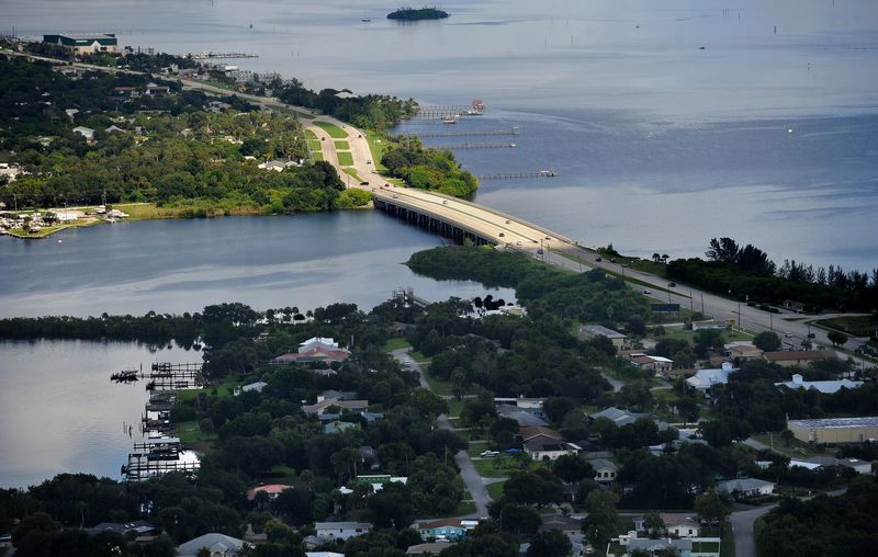 The mouth of the St. Sebastian River (left) is seen where it meets the Indian River Lagoon under the U.S. 1 bridge, linking Brevard (top) and Indian River counties.