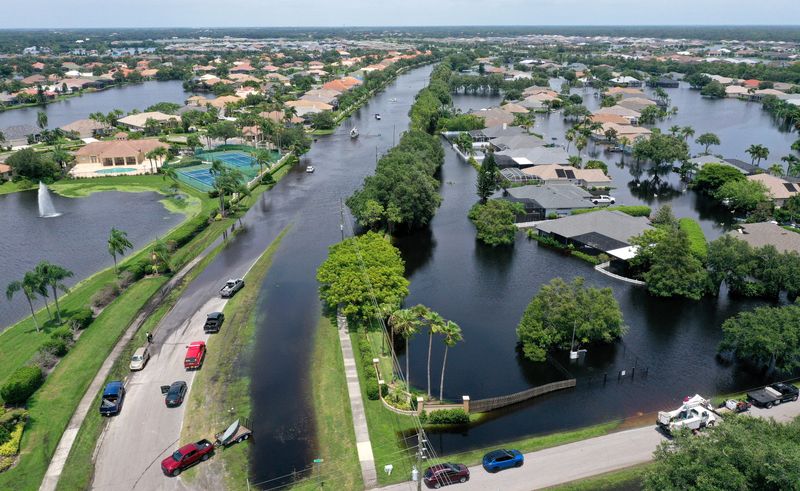 A view on Wednesday afternoon, Aug. 7, 2024, of Sarasota, County's Laurel Lakes community, on left, between Lorraine Road with Laurel Meadows subdivision, on right. Residents of Laurel Meadows are suing Sarasota County because of flooding from Tropical Storm Debby.
