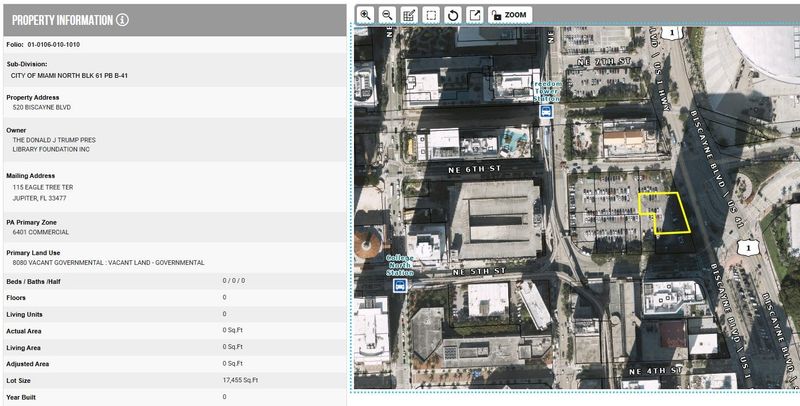 Records from the Miami-Dade County property appraiser's office show the location of several lots now listed under the ownership of "The Donald J. Trump Pres. Library Foundation, near the bayfront along Biscayne Boulevard in downtown Miami