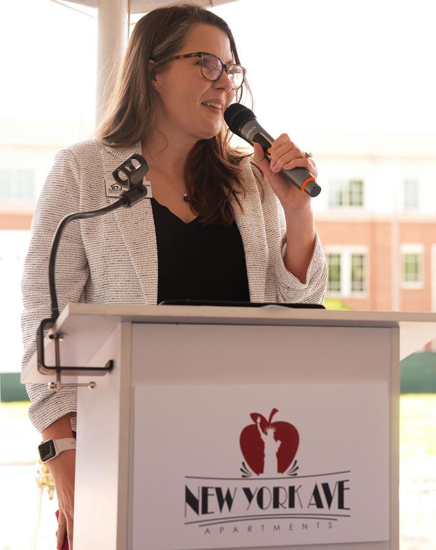Savannah-Jane Griffin, CEO of The Neighborhood Center of West Volusia, speaks at the groundbreaking ceremony for an apartment building in DeLand that will provide 84 units of affordable housing.