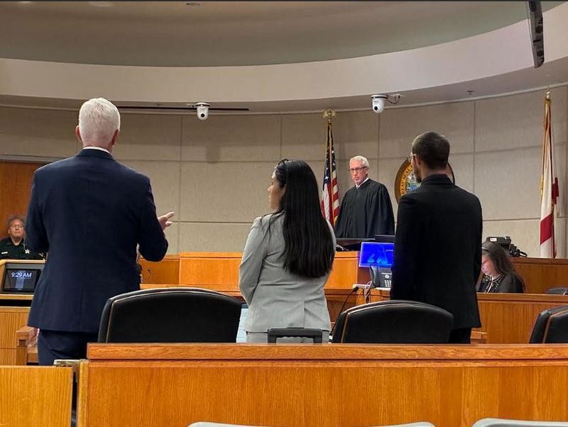 Attorney Mark O'Mara, left, argues his point to Circuit Judge Steven Rogers during the DUI manslaughter trial of Justin Jacob Cobb on April 1, 2026.