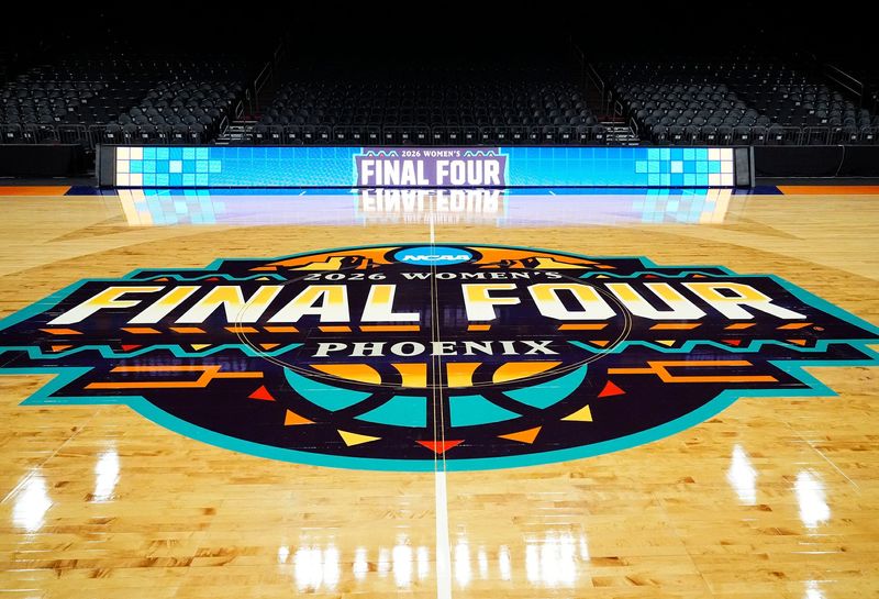 The NCAA Women's Final Four court on March 30, 2026, at Mortgage Matchup Center in Phoenix.