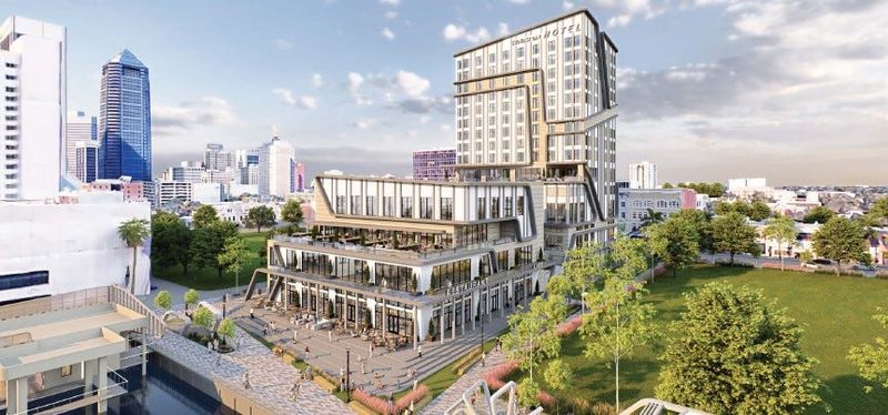 A rendering by Jacksonville architecture firm Bold Line Design shows a proposed development by Corner Lot Development Group and Aspect. The proposal for a 14-story building and a four-story building in downtown Jacksonville would house a hotel, a culinary arts school and several restaurants.