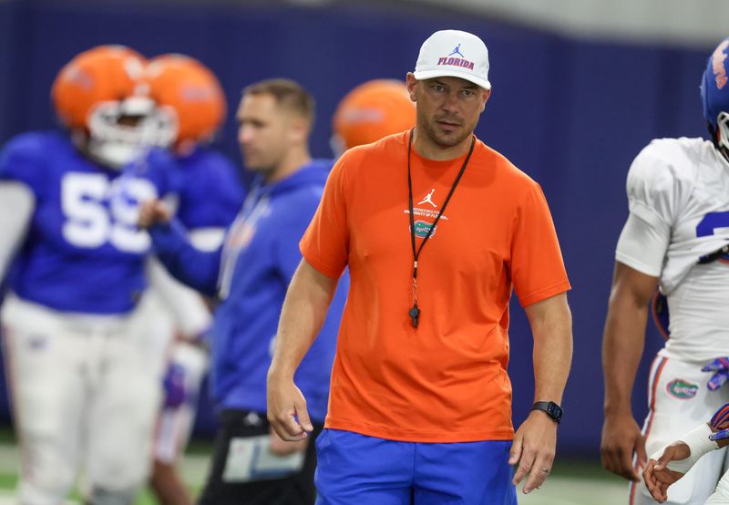 Florida head coach Jon Sumrall keeps and eye on practice during spring practice at Sanders Practice Fields in Gainesville, FL on Thursday, April 2, 2026. [Alan Youngblood/Gainesville Sun]