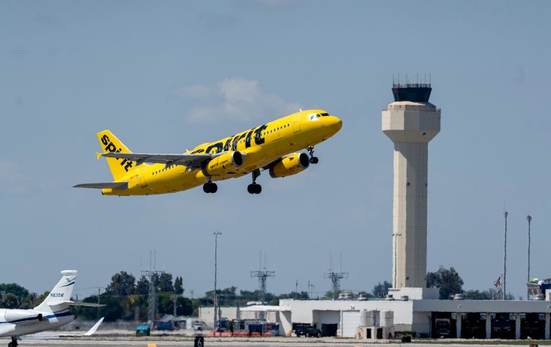 A Spirit Airlines jet takes off from Palm Beach International Airport on March 26, 2026, in West Palm Beach, Florida.