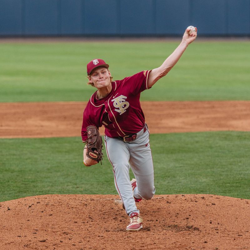 FSU baseball's Wes Mendes throws a pitch against Virginia on Thursday, April 2, 2026