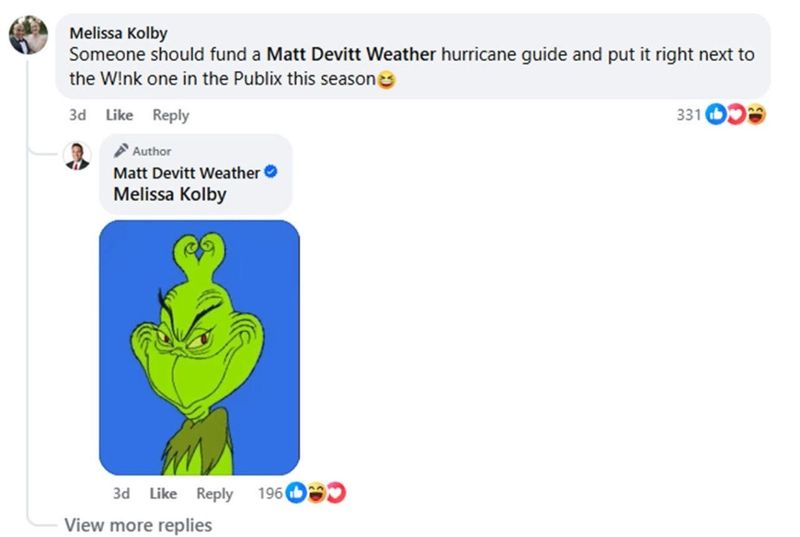 A screenshot included in WINK News' lawsuit shows Matt Devitt responding with an image of the Grinch to a Facebook comment about Publix hurricane guides.