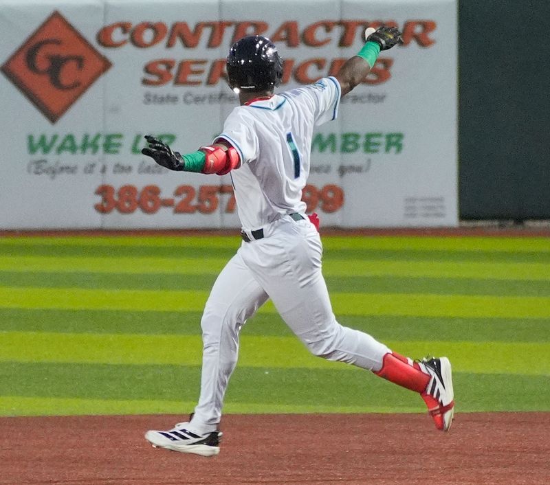 Daytona Tortugas’ Bernard Moon (1) celebrates after hitting a home run against the Jupiter Hammerheads on Opening Day, April 2, 2026, at Jackie Robinson Ballpark.