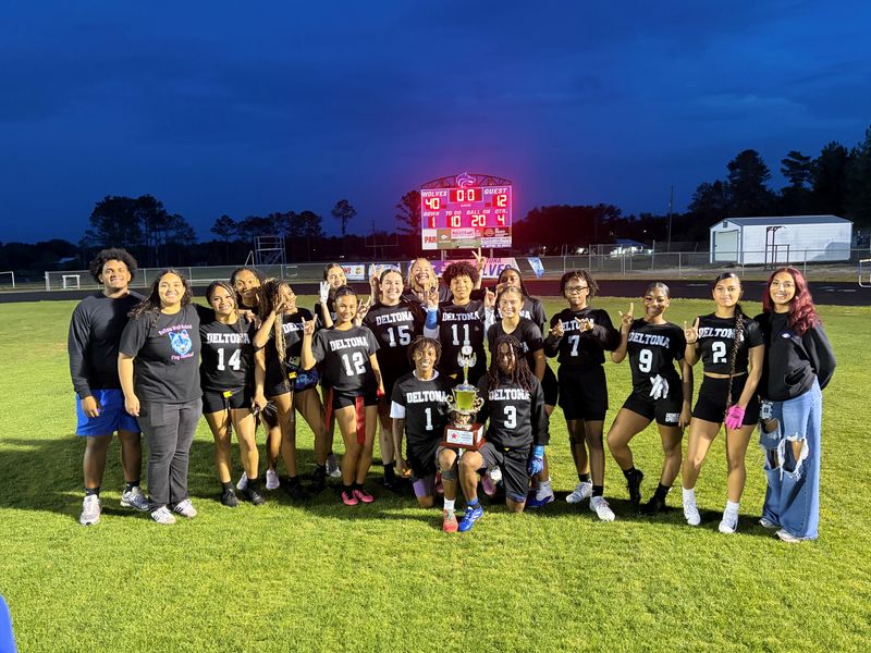Deltona's flag football team poses with the Five Star Conference trophy after beating Flagler Palm Coast in the final on April 2, 2026 at Deltona High School.