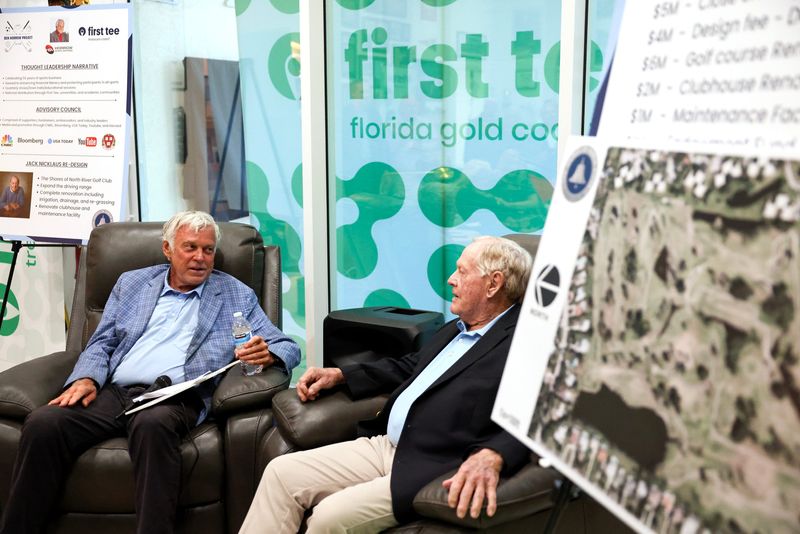 Rick Horrow, left, and Jack Nicklaus discuss golf and the Ben Horrow Project for Youth Development at Horrow's home, April 2, 2026, in Port St. Lucie. Horrow, a First Tee National Trustee, Treasure Coast, discussed the acquisition and full renovation of The Shores of North River Golf Club in Stuart, a 70-acre property that will become a golf course designed by Nicklaus to be used as a First Tee facility.