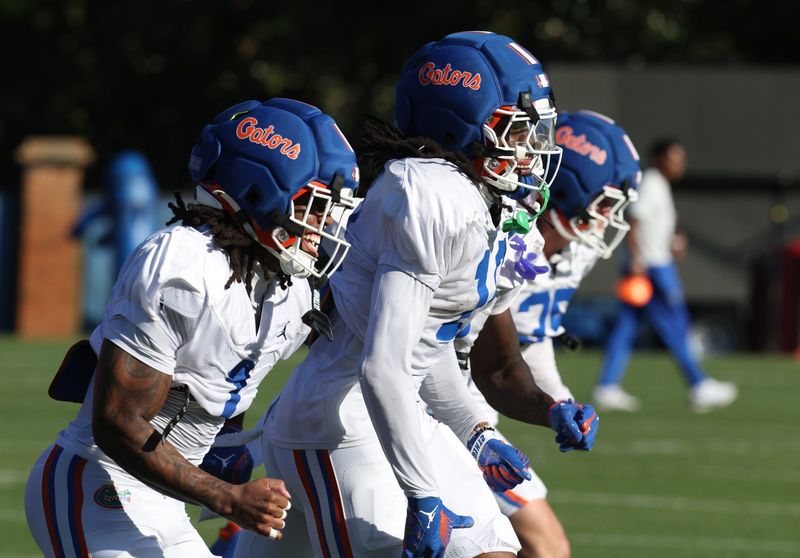 Florida defense charges between stations during spring practice at Sanders Practice Fields in Gainesville, FL on Thursday, April 2, 2026. [Alan Youngblood/Gainesville Sun]