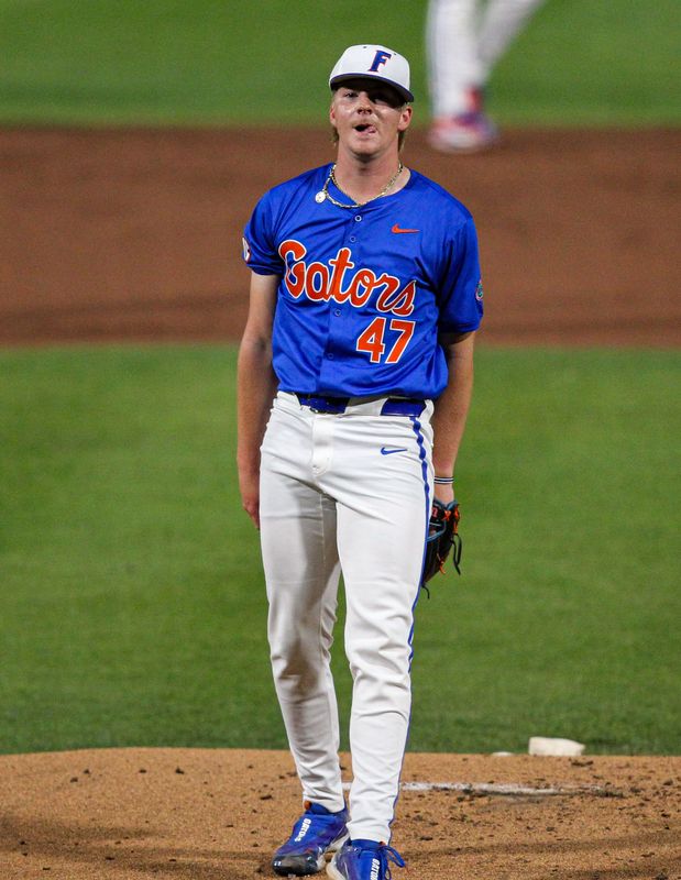 Florida baseball's Aidan King stares down an Ole Miss hitter after recording strikeout in the Gators' Friday matchup vs the Rebels at Condron Ballpark on April 3.