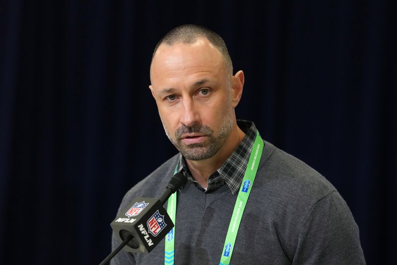 Feb 24, 2026; Indianapolis, IN, USA; Miami Dolphins general manager Jon-Eric Sullivan speaks at the NFL Scouting Combine at the Indiana Convention Center. Mandatory Credit: Kirby Lee-Imagn Images