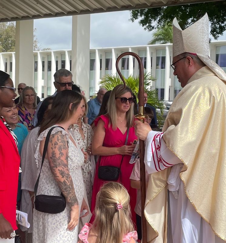 Manuel de Jesús Rodríguez, recently appointed the sixth bishop of the Diocese of Palm Beach, greets churchgoers after he celebrated Easter Mass at St. Clare Catholic Church in North Palm Beach, on Sunday, April 5, 2026.