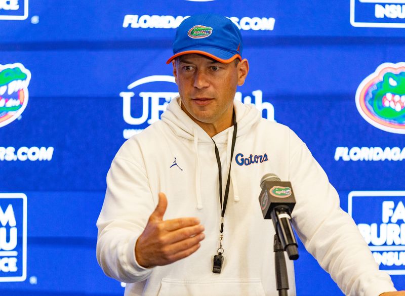 Florida head coach Jon Sumrall speaks after spring practice at Sanders Practice Fields in Gainesville, FL on Tuesday, April 7, 2026. [Alan Youngblood/Gainesville Sun]