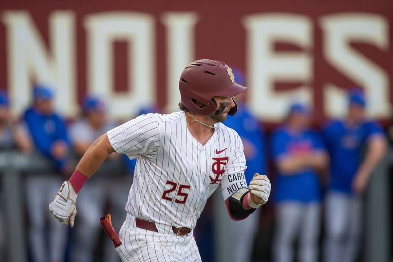Florida State Seminoles catcher Hunter Carns (25) runs towards first base. The Florida State Seminoles hosted the Florida Gators at Dick Howser Stadium on Tuesday, April 7, 2026.