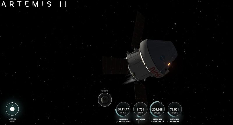 This screengrab from NASA's virtual Artemis II tracker shows a visualization of the Orion capsule, along with updates on how far it is from the moon and Earth as of April 8.