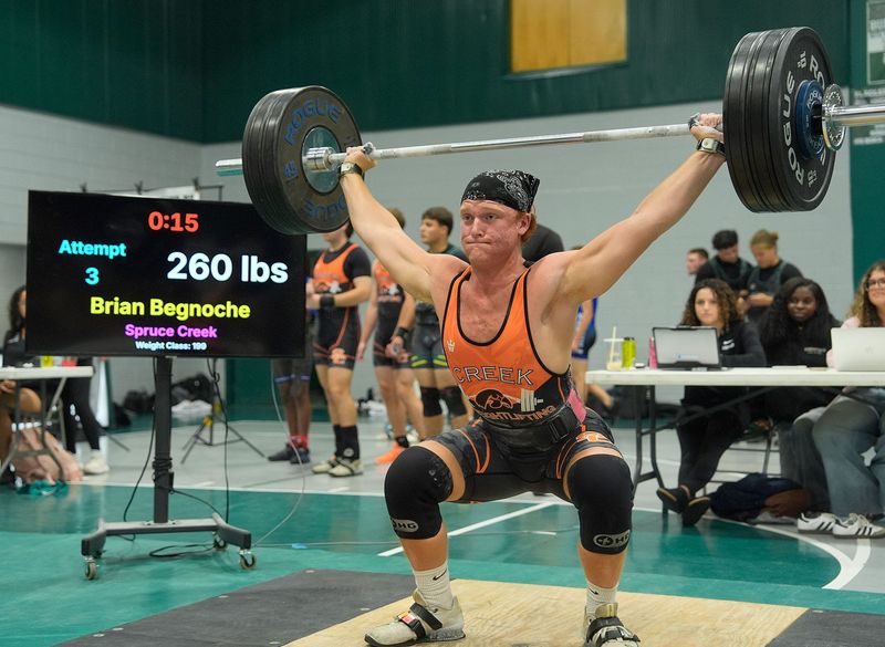 Spruce Creek’s Brian Begnoche lifts 260 pounds during the District 4-3A boys weightlifting meet hosted by Flagler Palm Coast, April 8, 2026.
