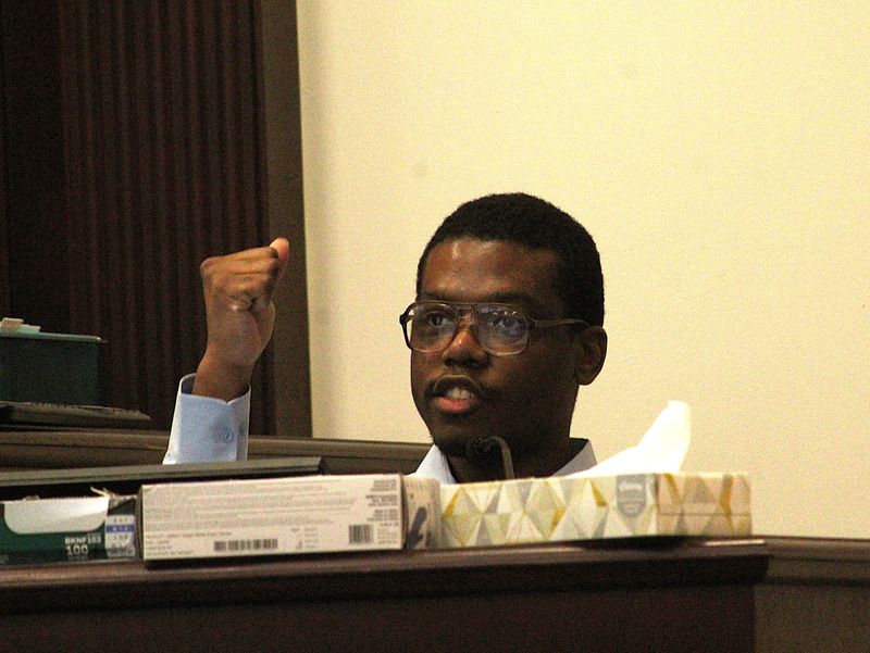 Trevon Miller, who is accused of stabbing a correctional officer at Tomoka Correctional Institution near Daytona Beach, testifies during his trial on Wednesday, April 8, 2026.