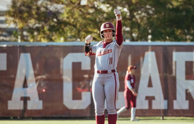 Florida State softball's Ashtyn Danley celebrates on base after a base hit. FSU defeated Santa Clara, 11-3, on Wednesday, April 8, 2025.