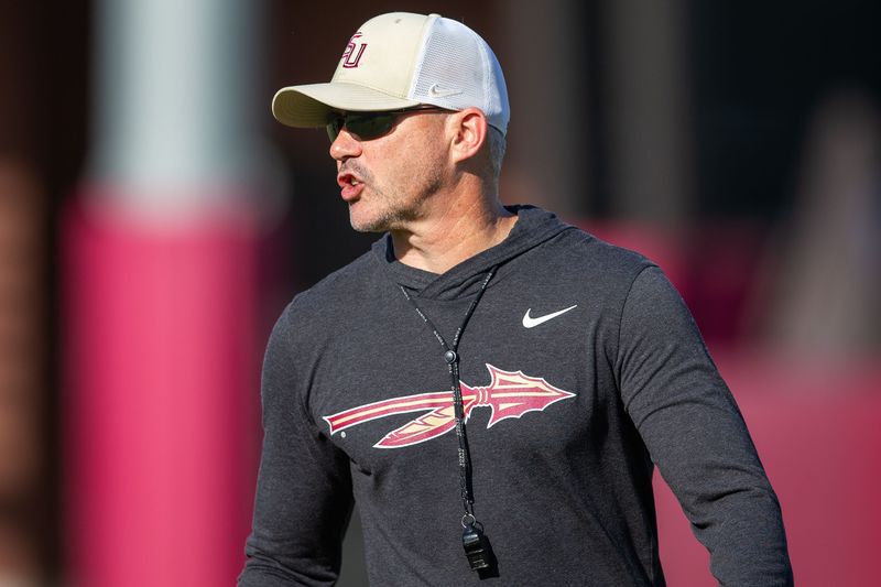 Florida State head coach Mike Norvell leads practice Thursday, April 9, 2026.