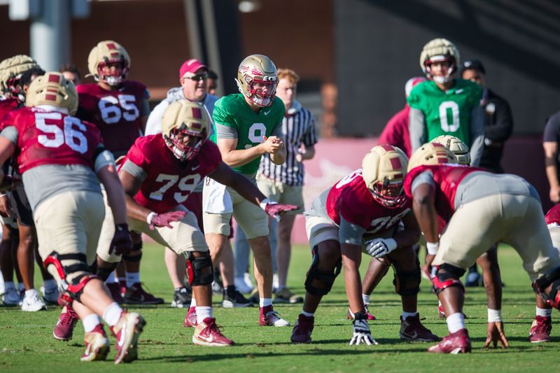 Florida State Seminoles quarterback Kevin Sperry (9) calls a play during practice Thursday, April 9, 2026.