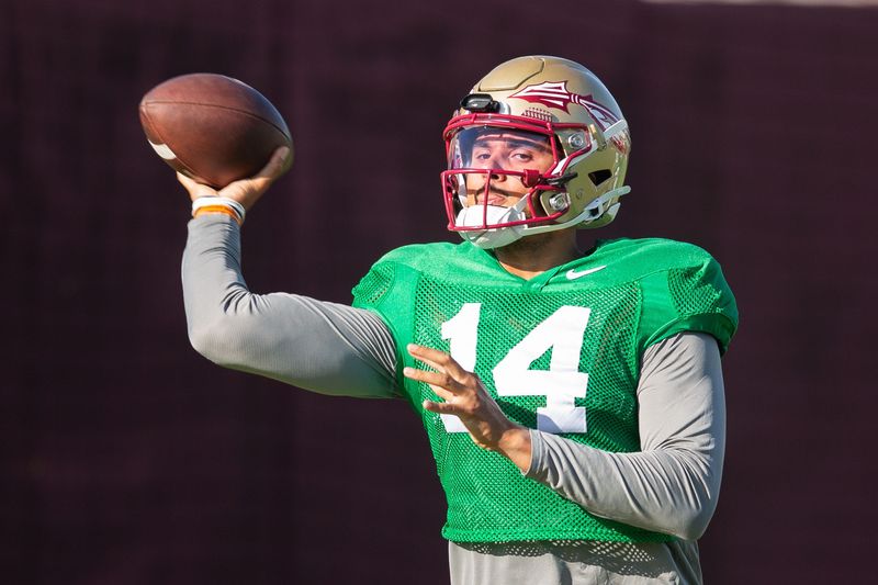 Florida State Seminoles quarterback Ashton Daniels (14) winds up to pass Thursday, April 9, 2026.