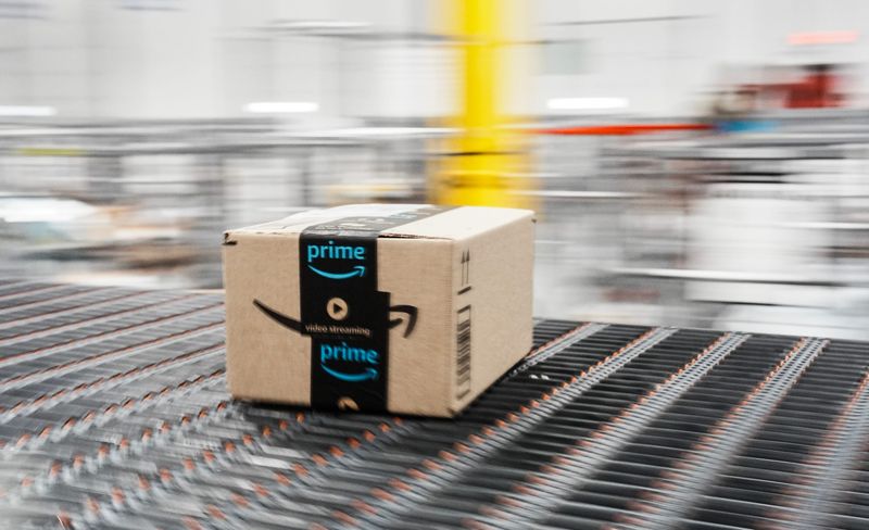 A package with the Amazon logo moves down a conveyor belt for delivery at an Amazon facility on Plantside Drive in Louisville, Kentucky, on Feb. 5, 2026.