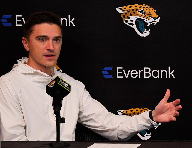 Jaguars General Manager James Gladstone talked about the upcoming NFL Draft during the Jacksonville Jaguars’ annual pre-draft luncheon press conference in the media room at the Miller Electric Center Thursday April 9, 2026 in Jacksonville, Fla. [Doug Engle/Florida Times-Union]