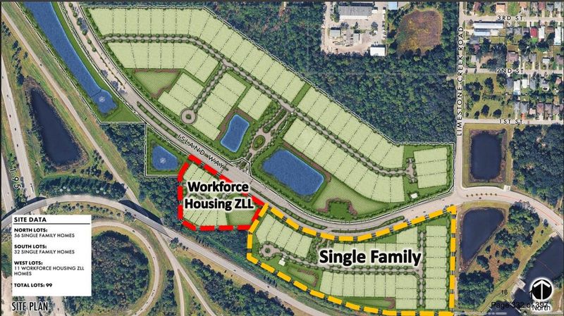 A site plan rendering for proposed development in Jupiter's Beacon Park area. The Pulte Home Company is seeking approval to build 99 homes along the east and west sides of Island Way,