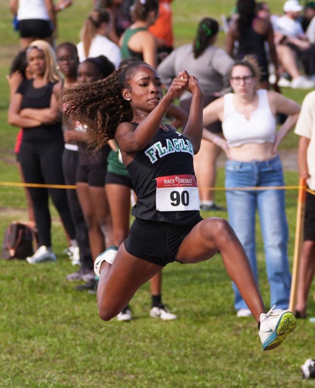 Flagler Palm Coast's Karina Marcelus competes in the long jump during the Five Star Conference Track and Field meet at Flagler Palm Coast, April 10, 2026.