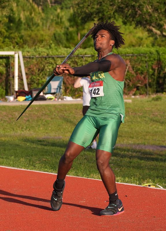 Flagler Palm Coast's La'Darius Simmons competes in the javelin event during the Five Star Conference Track and Field meet at Flagler Palm Coast, April 10, 2026.